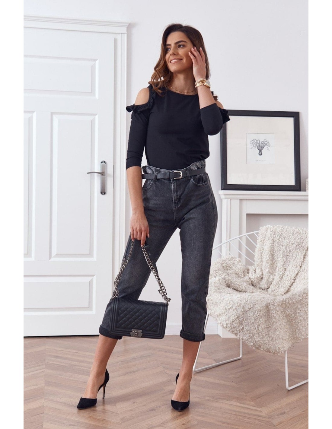 Denim pants with a mom belt, black, 0110 - Online store - Boutique